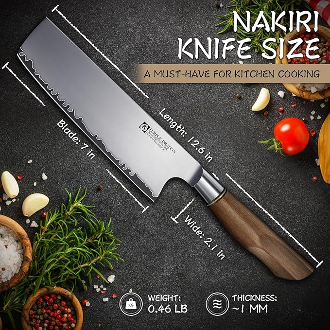 Purple Dragon Nakiri Knife, 7 Inch Meat Cleaver, German Vg10 Steel Japanese Kitchen Knife for Meat Cutting Chopping Dicing Vegetables, Ergonomic Wooden Handle - Christmas Gift for Men and Women