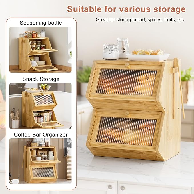 WOWLIVE Double Layer Bread Box for Kitchen Countertop, Large Bamboo Bread Storage Container for Homemade Bread, Farmhouse Bread Holder for Kitchen Counter Cabinet, Pantry, Cupboard (Natural, Medium)