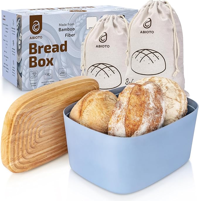 Extra Large Bread Box for Kitchen Countertop with 2 Bread Bags - Sturdy Modern Construction, Ribbed Design Keeps Bread Fresh Longer - Large Sourdough Bread Box with Cutting Board Lid (Blue)