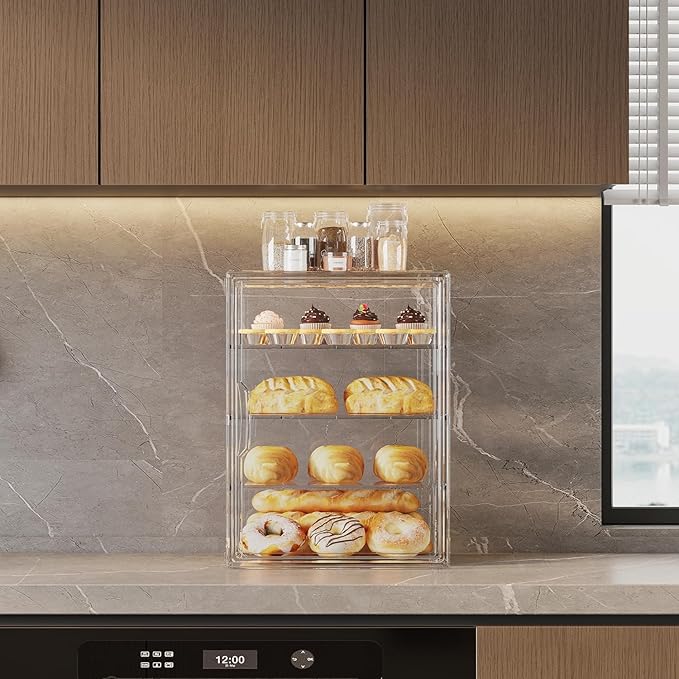 4-Tier Pastry Display Case,Large Bread Box for Kitchen Countertop, Adjustable Bread Storage Container, Bakery Display for Bread, Cookies, and Donuts, Size 15.5 * 11.4 * 9.8 Inch
