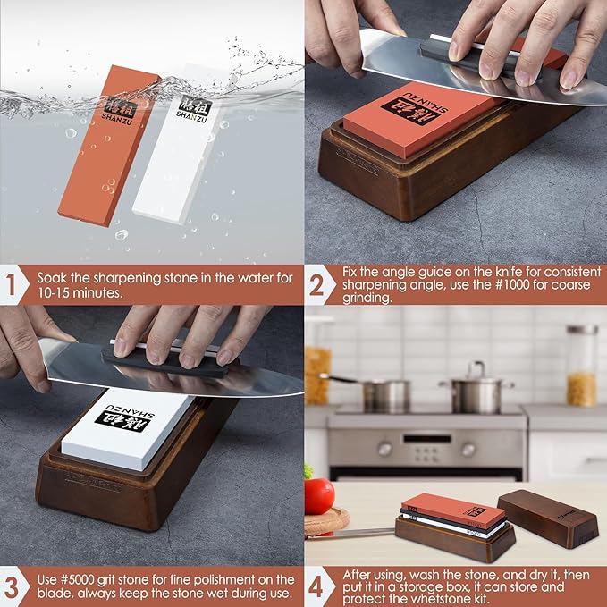 SHAN ZU 2 Pcs Knife Sharpener Stone Set with Storage Box Whetstone Grit 1000/5000 Knife Sharpening Stone with Non-Slip Silicone Base and Angle Guide Whetstone Knife Sharpening Kit for Kitchen Knives