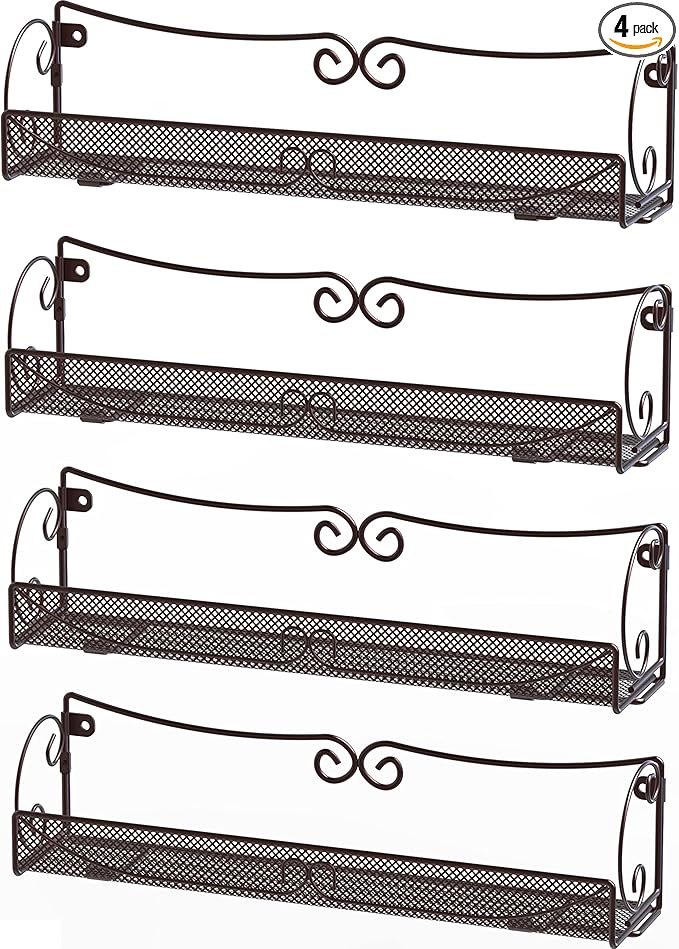 Deco Brothers Wall Mount Single Tier Mesh Spice Rack, 4 Pack, Bronze
