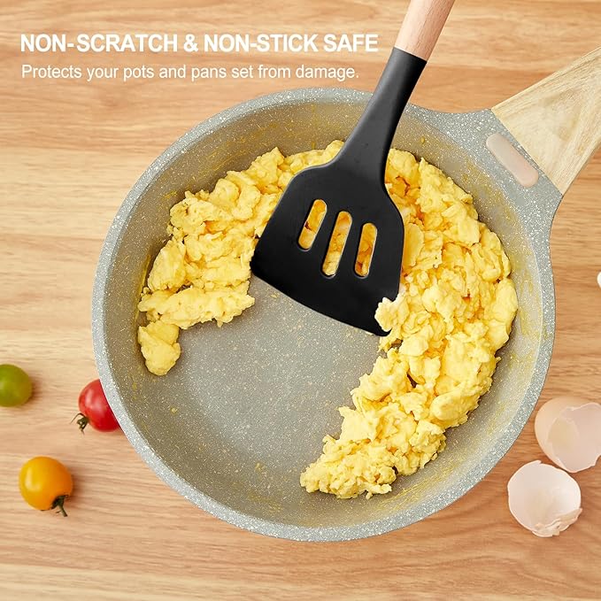 Kitchen Utensils Set - 34 PCS Non-Stick Silicone Cooking Utensils Set with Wooden Handle,Kitchen Gadgets Tools Set for Nonstick Cookware (Black-34P)
