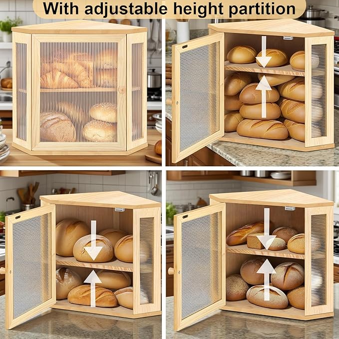 Corner Bread Box for Kitchen Countertop Two-Tier Large Capacity Bread Boxes Storage Container with Adjustable Height Countertop Bread Storage Bin