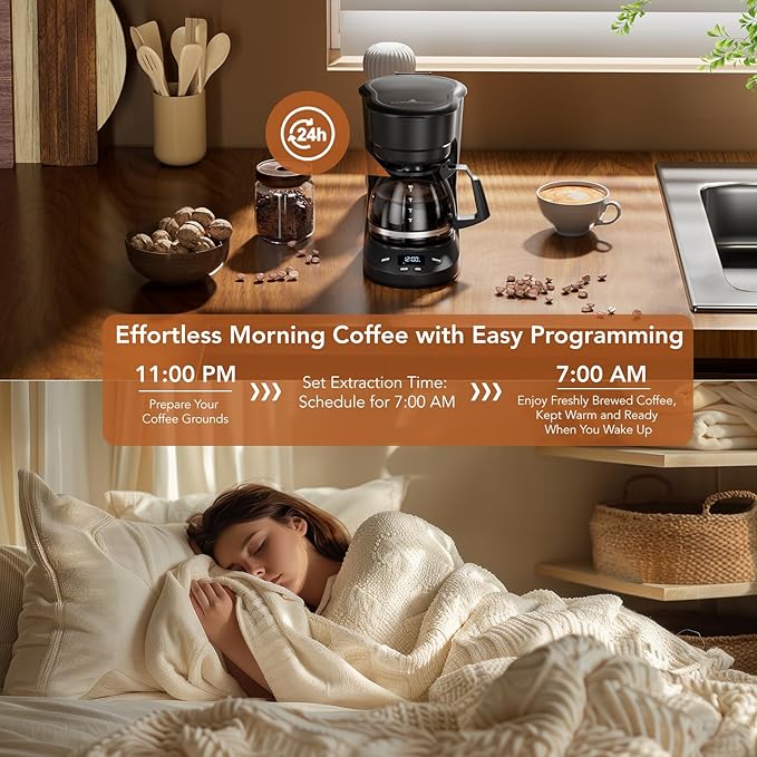 COWSAR Compact Coffee Machine,5 Cup Drip Coffee Maker with Timing Function,2H Auto Power-off, 2H Keep Warm,Pause & Brew, Reusable Filter,and Drip-Free Carafe, Black - 3710H - Commercial Performance
