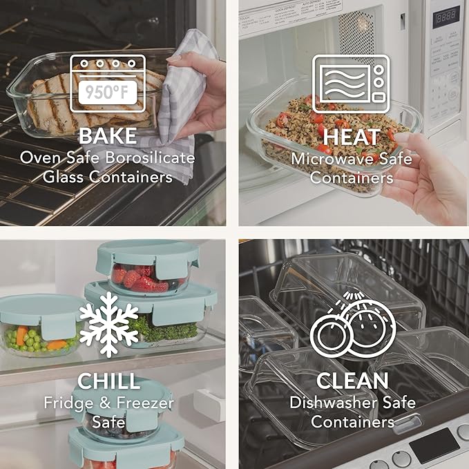Bentgo Glass Leak-Proof Food Storage Set - 4-Piece Glass Containers with BPA-Free Airtight Lids, Reusable & Durable for Leftovers & Meal Prep - Microwave, Freezer, Oven & Dishwasher Safe (Soft Aqua)