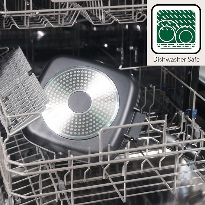 SKITCHN Grill Pan With Folding Handle, Nonstick for Stove Tops, Induction Compatible KBBQ With Pour Spouts, Indoor Square BBQ Grilling - 9IN