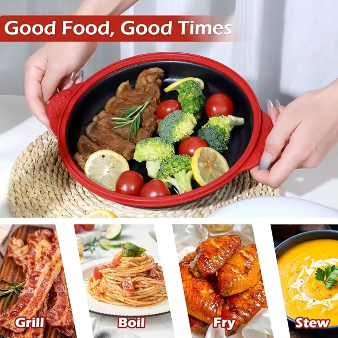 Microwave Grill Pan with Glass Lid, Microwave Griller & Crisper Pan for Grilling, Frying, Browning and Crisping, Multi-Purpose Microwave Cookware for Grill Meat, Sandwich & Vegetable