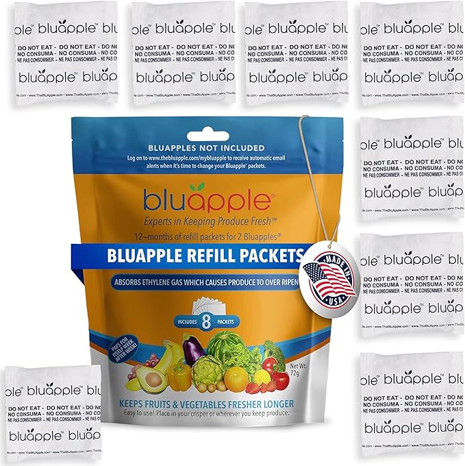 Bluapple Produce Saver Refill Kit - Keep Fruits & Vegetables Fresh Longer, Veggie & Fruit Saver, 8 Packets (9 grams each), Lasts up to 3 Months, Produce Storage, Ethylene Gas Absorber, Made in USA