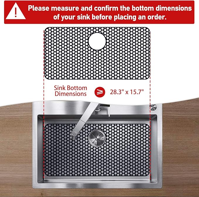 Silicone Sink Protectors for Kitchen Sink with Rear Drain - 28.3"x 15.7" Kitchen Protector Accessory, Non-Slip Heat Resistan Mat for Bottom of Farmhouse Stainless Steel (Rear Hole, Black)