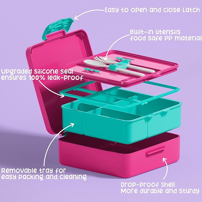 Fimibuke Bento Lunch Box for Kids, Leak Proof Toddler Bento Box with 4 Compartments BPA Free Dishwasher Safe Lunch Container with Utensils, Ideal Portion Sizes for Ages 3-12 Girls Boys for School