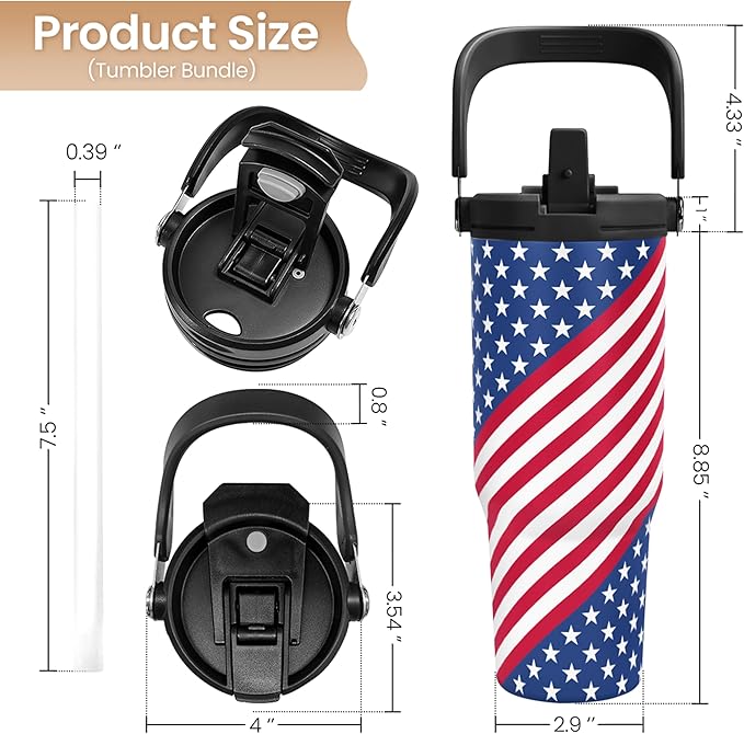 SANDJEST American Flag Tumbler with Handle 30oz, Stainless Steel Insulated Flip Straw Tumblers Coffee Travel Mug Cup, USA America Gifts for Women Men for Birthday Christmas