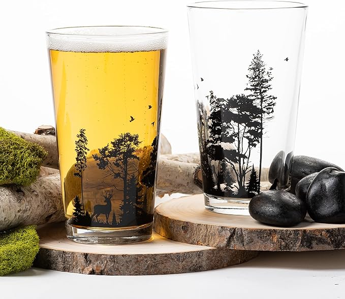 Pint Glasses by Black Lantern - Forest Animal Landscape Pint Glasses Set - 2 16oz. Beer Glasses