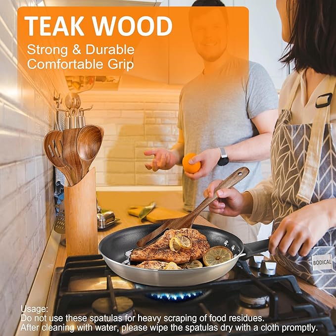 Wooden Spoons for Cooking, 4 Piece Natural Premium Teak Wooden Cooking Utensils Set, Heat Resistant Large Kitchen Wooden Spoons and Wooden Spatula for Nonstick Cookware Cooking Gifts