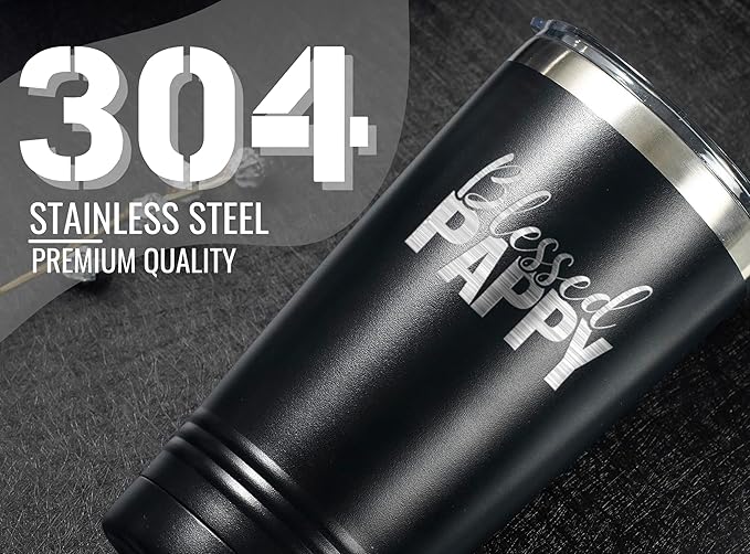 Onebttl Pappy Gifts, Grandpa Father's Day Gifts from Grandchildren, Laser Engraved Design, 20oz/590ml, Stainless Steel Tumbler with Straw & Lid, Black - Blessed PAPPY