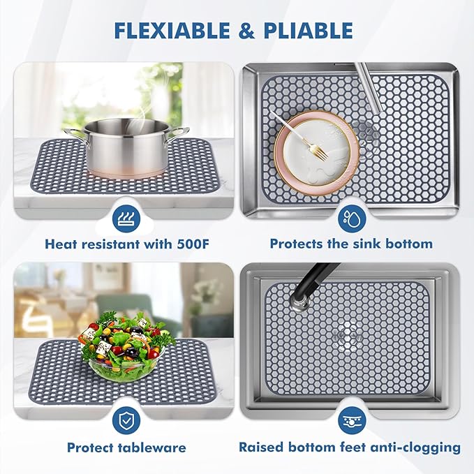Silicone Sink Protector for Kitchen Sink - 18.3''x12.5'' Kitchen Sink Grid Accessory, Non-slip Heat Resistant Sink Grid Dry Mat for Bottom of Porcelain Stainless Steel, Dishwasher Safe