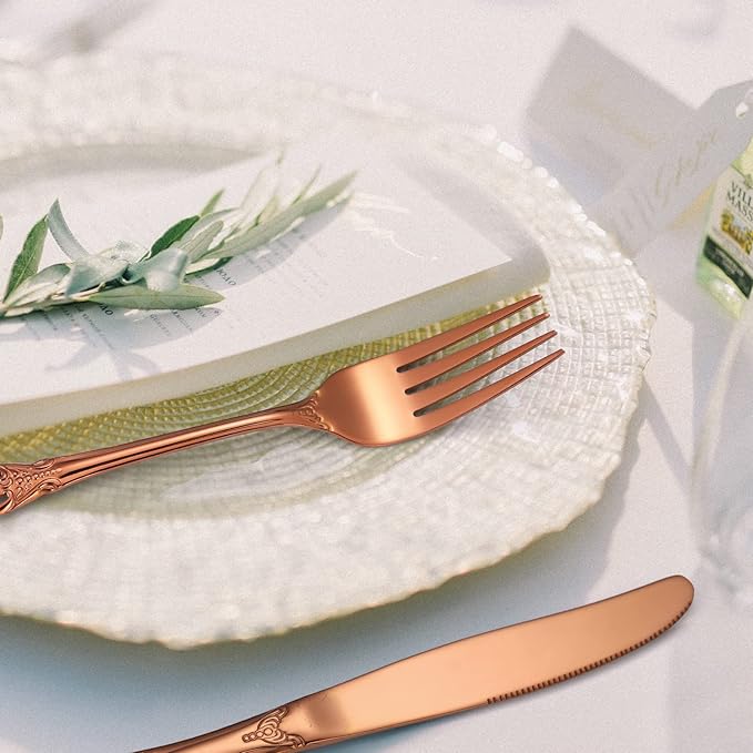 Royal Flatware Set for 4 Copper/Rose Gold Silverware Stainless Steel Cutlery 20 Piece With Vintage Relief Deisgn Kitchen Utensils Retro Forks Spoons Knives Parties Daily Use