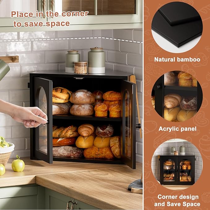WOWLIVE Corner Bread Box for Kitchen Countertop, 2 Tier Bamboo Bread Storage Container for Homemade Bread with Clear Acrylic Door Panel, Large Bread Bin Farmhouse Breadbox Organizer (Black, Medium)