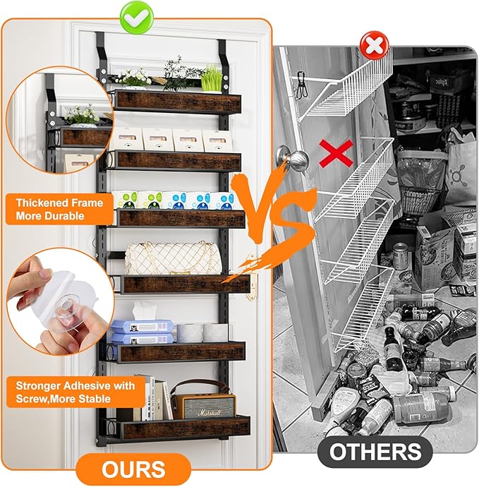 Over The Door Pantry Orangizer,6 Tier Wall Mounted or Hanging Spice Rack with Adjustable Wood Basket,Metal Heavy Duty Behind Door Storage Shelf for for Kitchen Pantry and Bathroom