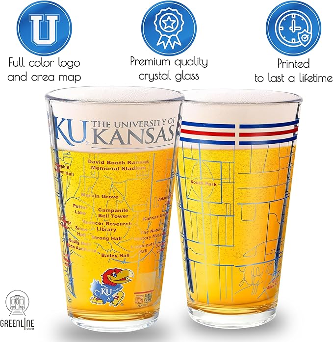 Greenline Goods – University of Kansas Jayhawks College Pint Beer Glasses (Set of 2), 16 oz – Full-Color Logo + Campus Map