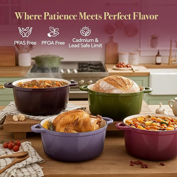 4.5 Quart Dutch Oven Pot with Lid, Non Stick Enameled Cast Iron Dutch Oven for Bread Baking, Heavy-Duty, Oven Safe Ceramic Cookware Up to 500°F for Baking, Braising, Stews, Roasting, Rose