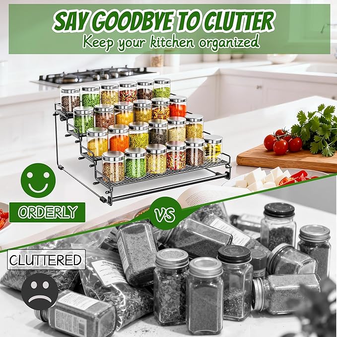 4 Tiered Countertop Spice Rack Organizer for Cabinet, Metal Tiered Spice Holder Storing 24 Spices Jars, Multipurpose Seasoning Shelf for Cupboard, Pantry, Kitchen Storage (1 Pcs)