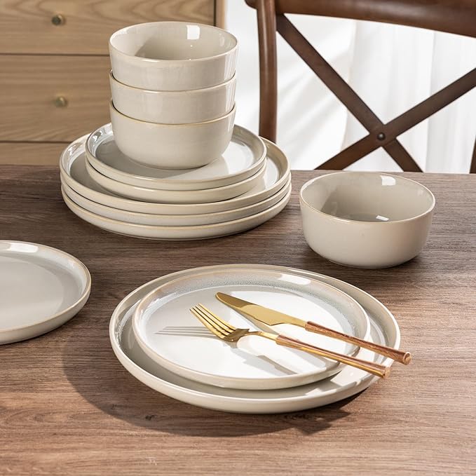 AmorArc Stoneware Dinnerware Sets for 4,Round Reactive Glaze Ceramic Plates and Bowls Set,Highly Scrath Resistant | Dishwasher & Microwave Safe Dishes Set,Service for 4 (12pc)