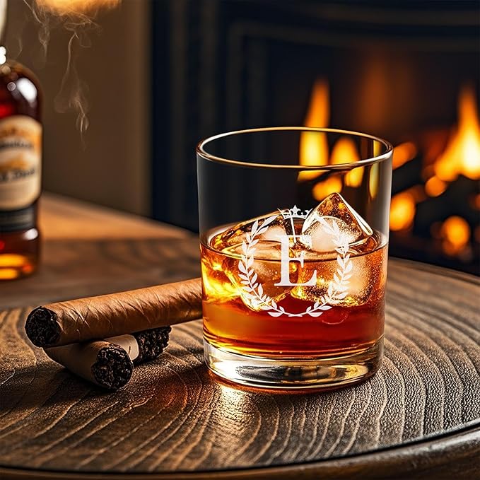 Personalized Whiskey Glasses Gifts for Men, Monogrammed Engraved A-Z 10.6 oz Rocks Glass Customized Gift, Unique Christmas Birthday Gifts for Men Him Dad Husband Brother Son (E)