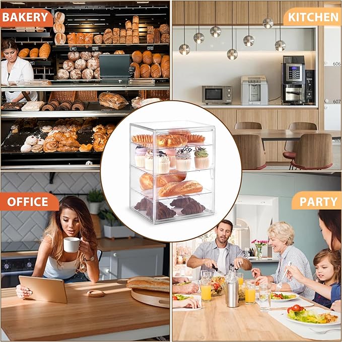 Pastry Display Case,Large Bread Box for Kitchen Countertop,4 Layers Adjustable Bakery Display Case,Clear Breadbox for Baked Goods Cookie Dessert Cupcake Kitchen Counter 15.5x11.4x9.9 Inch