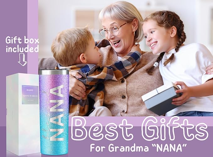 Onebttl Christian Grandma Gifts for Mother's Day, 20oz Purple & Blue Glitter Skinny Tumbler, Straw & Lid Included, Nana Gifts - Blessed Nana