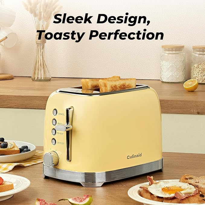 Toaster 2 Slice Retro Stainless Steel with 1.5” Extra Wide Slots Bagel, Defrost, Reheat, Cancel Functions, 6 Bread Shade Settings, Removable Crumb Tray, Yellow