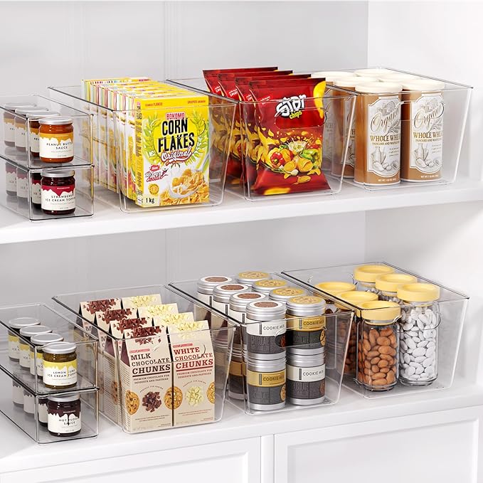 Set of 8 Clear Plastic Storage Bins, 4 Large +4 Small Pantry Organizers and Storage Containers for Kitchen Organization, Home Storage Must Haves for Office, Closet, Garage, Freezer& Bathroom