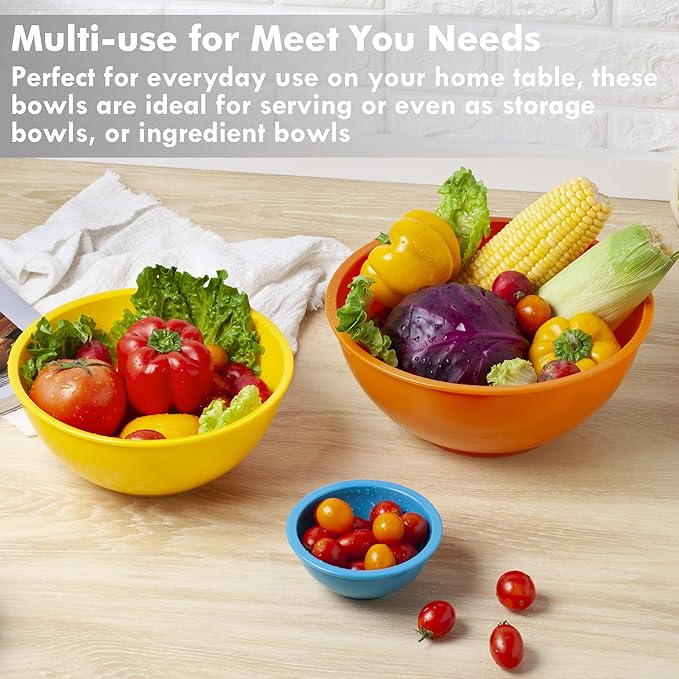 YIHONG 6 Piece Plastic Mixing Bowls Set, Colorful Serving Bowl for Kitchen, Ideal for Baking, Prepping and Cooking,Nesting Design for Space Saving Storage, Rainbow