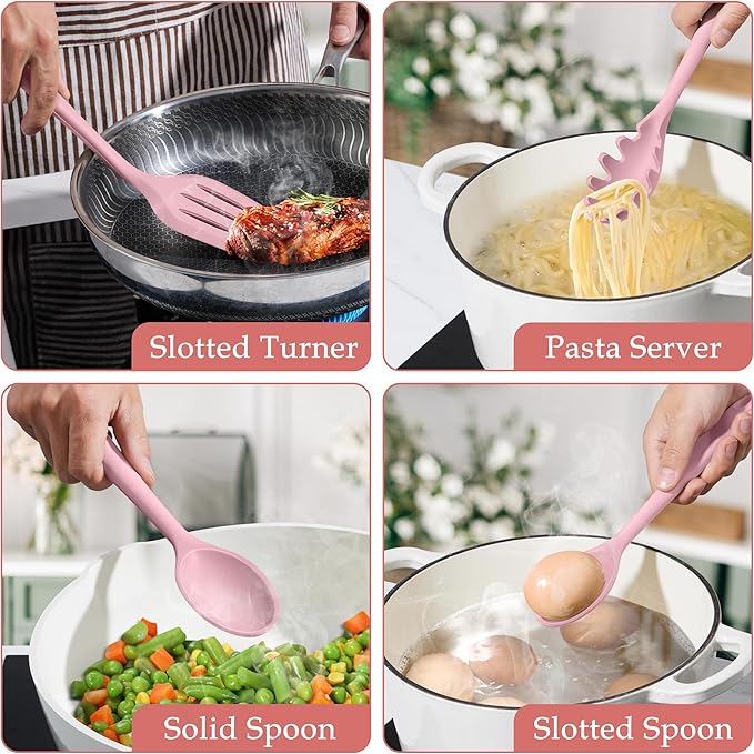 LIANYU Kitchen Silicone Utensils Set, 8Pcs Cooking Utensils Spatula Set for Nonstick Cookware, Heat Resistant Kitchen Gadgets Include Silicone Spoon, Turner, Spatula, Ladle, Dishwasher Safe, Pink