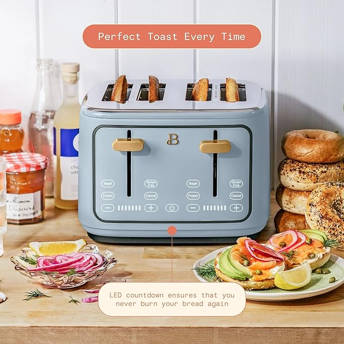 Beautiful 4 Slices Toaster with Touch-Activated Digital Display, Extra Wide Self-Adjusting Slots, Adjustable Shade Control, by Drew Barrymore (Blue)