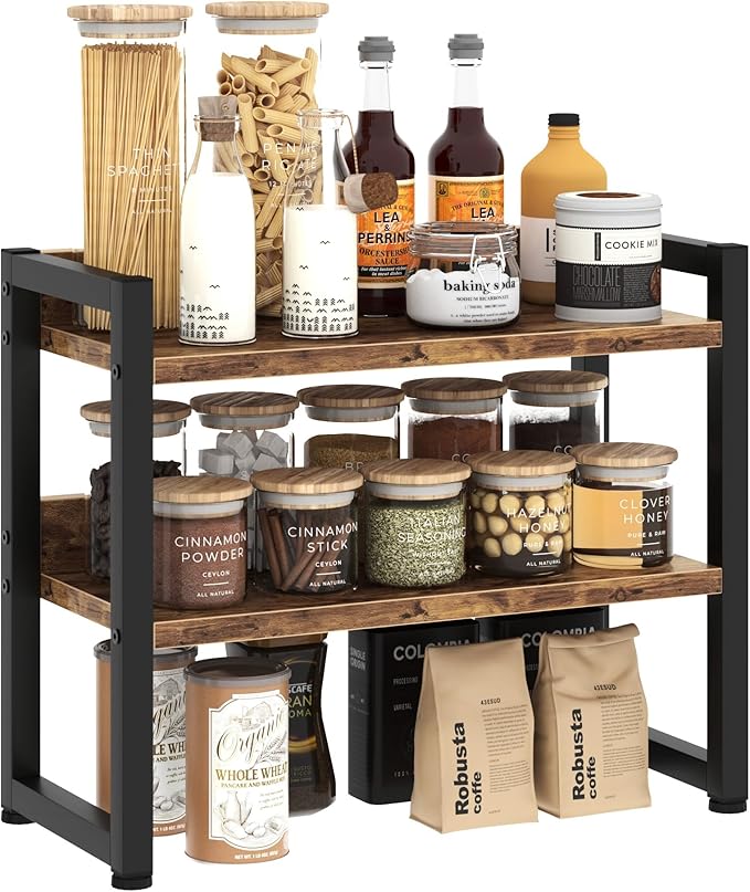 Kitchen Countertop Shelf Organizer, 3 Tier Large Kitchen Storage Spice Rack Cabinet Organizer with Metal Leg for Countertop Pantry, Coffee Bar Organizer, Bathroom Countertop Organizer, Rustic Brown