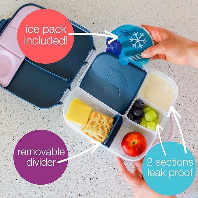 b.box Kids Lunch Box – 4 compartments (2 Leak-proof) Bento Box with Cold Pack & Removable Divider Reusable Snack Containers with Lids, Snack Box for Toddlers & Older Kids 8 1/2 cups (Midnight)