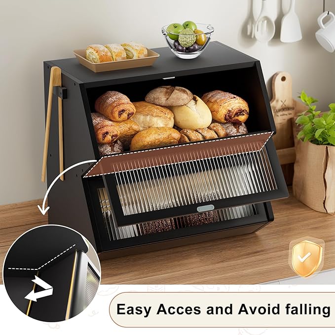 WOWLIVE Double Layer Bread Box for Kitchen Countertop, Large Bamboo Bread Storage Container for Homemade Bread, Farmhouse Bread Holder for Kitchen Counter Cabinet, Pantry, (Black, Extra Large)