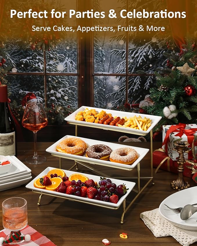 Yedio 3 Tier Serving Tray Set Porcelain Tiered Serving Platters, Collapsible Sturdier Stand with Stable Cross Bars, 12 Inch Three Layer Serving for Party Entertaining Food Display Fruit Dessert