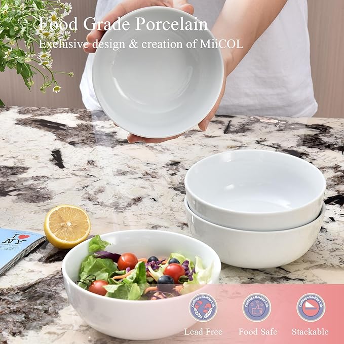 Miicol White Cereal Bowls 20 oz, Ceramic Soup Bowls Set of 4, Breakfast Bowl 6 inch, Kitchen Bowl for Pasta, Salad, Ramen, Oatmeal, Microwave and Dishwasher Safe