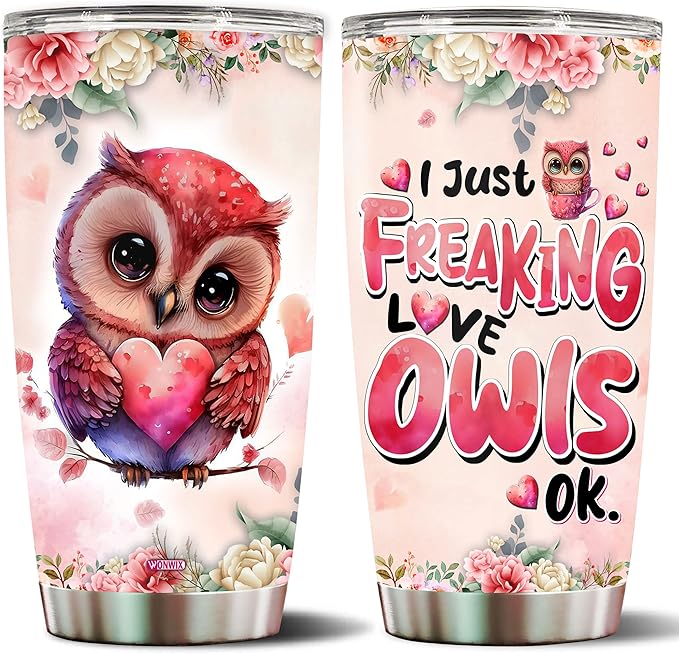 Owl Tumbler 20oz Cute Animal Gift for Women, Girls Who Freaking Love Owls Woodland Lovers Heart Perfect Wife Daughter Insulated Stainless Steel Coffee Cup with Lid