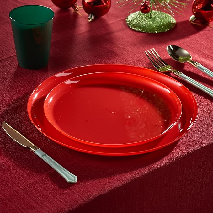 PLASTICPRO 30 Pack 10.7'' Christmass Red Plastic Party Plates Edge Collection Premium heavyweight Elegant Disposable Tableware Dishes