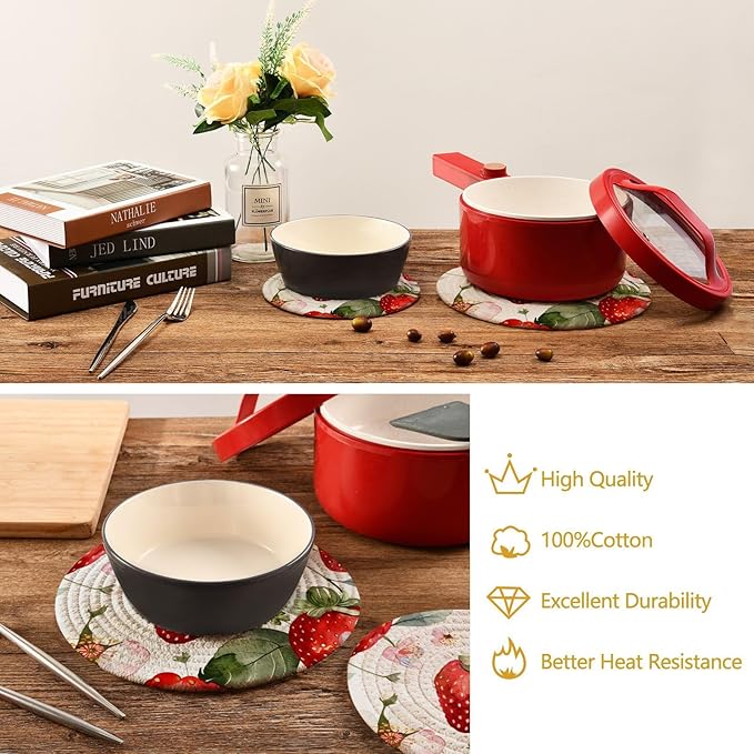 Cute Watercolor Strawberries Kitchen Trivets Pot Holders Set of 2, Trivets for Hot Pots Dishes Woven Trivet Coaster Pad Mat for Counter
