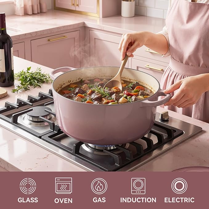 4.5 Quart Dutch Oven Pot with Lid, Non Stick Enameled Cast Iron Dutch Oven for Bread Baking, Heavy-Duty, Oven Safe Ceramic Cookware Up to 500°F for Baking, Braising, Stews, Roasting, Pink