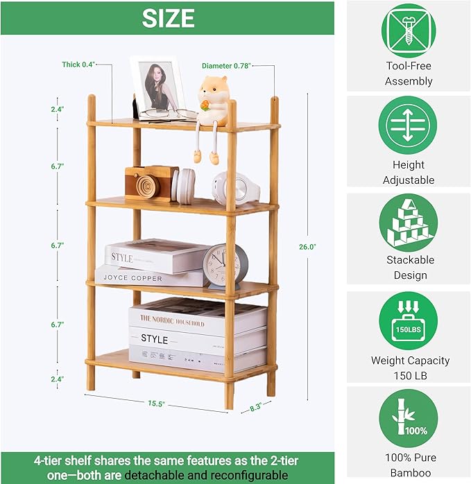 Bamboo Rack | Tool-Free Expandable (2-6 Tiers) | Kitchen Spice Organizer & Office Breakroom Snack/Cup Storage (Natural Bamboo)(Powered by Gogogo) (Nature, 15.6" W(4 Tier))