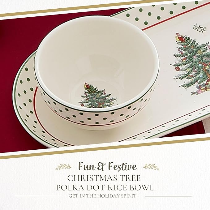 Spode Christmas Tree Polka Dot Rice Bowl - 6-Inch Porcelain Soup Bowls for the Holidays, Christmas Kitchen Bowls for Rice, Dessert, Cereal, Noodles, and Pasta, Dishwasher and Microwave Safe