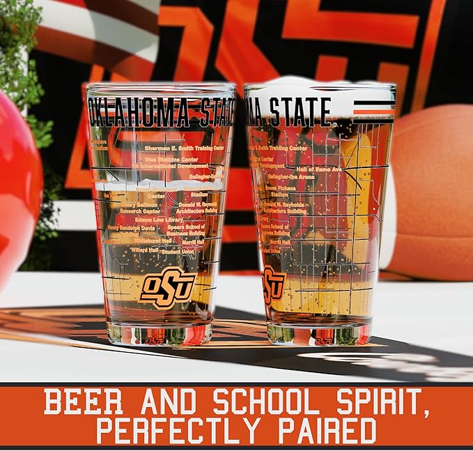 Greenline Goods – Oklahoma State University Cowboys College Pint Beer Glasses (Set of 2), 16 oz – Full-Color Logo + Campus Map