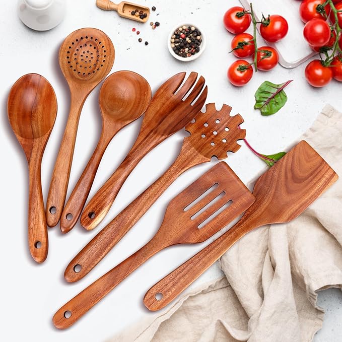 7 Pcs Teak Wood Kitchen Utensils Set Non Toxic BPA Free Cooking Tools with Spatula, Slotted Spatulas, Wooden Skimmer Spoons, Pasta Spoon, Mixing, Salad Fork & Spoons for Nonstick Cookware