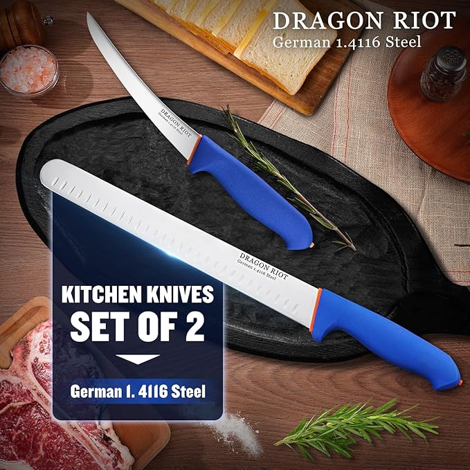 DRAGON RIOT Carving Knife Set for Meat 6 Inch Curved Beef Brisket Trimming and Boning Knife and 10 Inche Meat Slicing Knife Bundle
