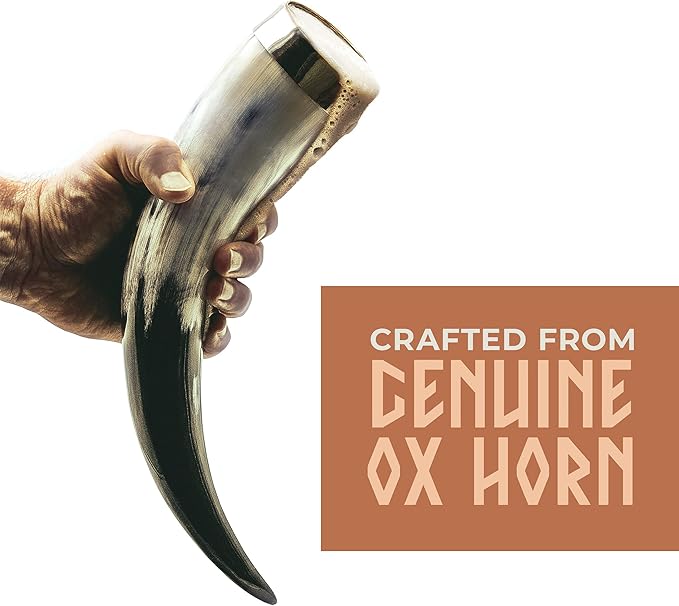 Norse Tradesman Genuine 12" Ox-Horn Viking Drinking Horn with Brass Rim, Fitted Stand & Burlap Gift Sack - The Classic, 12-Inches, High Polish